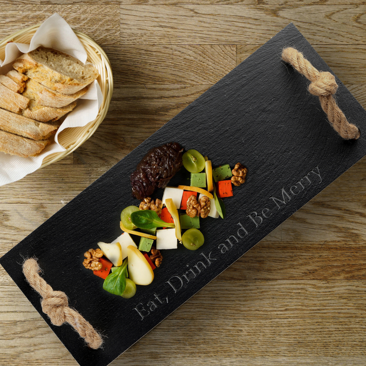 Rectangular Slate Stone Serving Tray with Jute Rope Handles - Hand Crafted