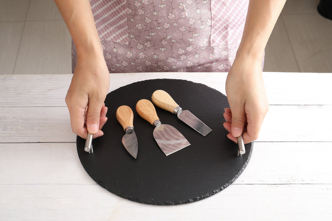 Round Slate Stone Serving Tray with stainless steel Handles kit- Hand Crafted