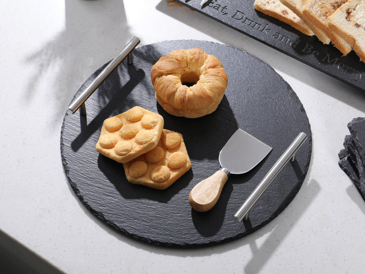 Round Slate Stone Serving Tray with stainless steel Handles kit- Hand Crafted